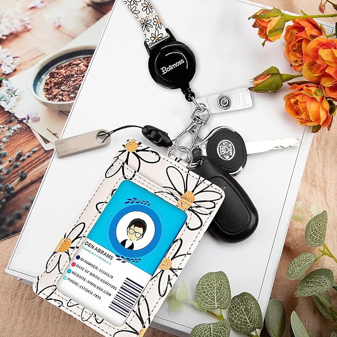 bolimoss Floral ID Name Badge Card Holder, Leather Badge Holder with Adjustable Retractable Lanyards, Breakaway Lanyards with Swivel Metal Clasp for Women Nurse Teacher Student