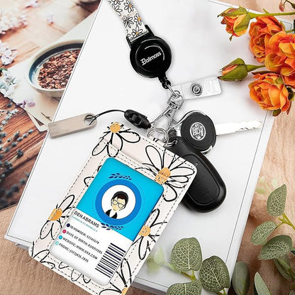 bolimoss Floral ID Name Badge Card Holder, Leather Badge Holder with Adjustable Retractable Lanyards, Breakaway Lanyards with Swivel Metal Clasp for Women Nurse Teacher Student