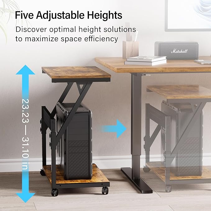 Computer Tower Cart - Height Adjustable PC Stand, 2-Tier ATX-Case CPU Holder Home Office Gaming Desk Accessories with Rolling Lockable Wheels, Laptop Table Standing Computer Desk, Rustic Brown