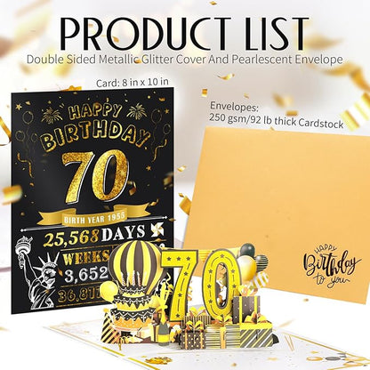 70th Birthday Card for Women Men, Jumbo 3D Pop Up 70th Bday Card for Mom Dad, Happy 70 Year Old Women Men Funny Birthday Gifts, Review of 1955, Black Gold