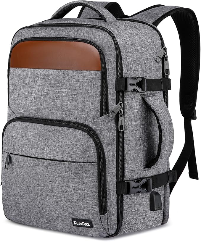Carry On Backpack, Large Travel Laptop Backpacks, Personal Item Travel Bag with USB Charge Port, Flight-Approved Backpack for Traveling, Water Resistant Luggage Computer Daypack for School, Grey