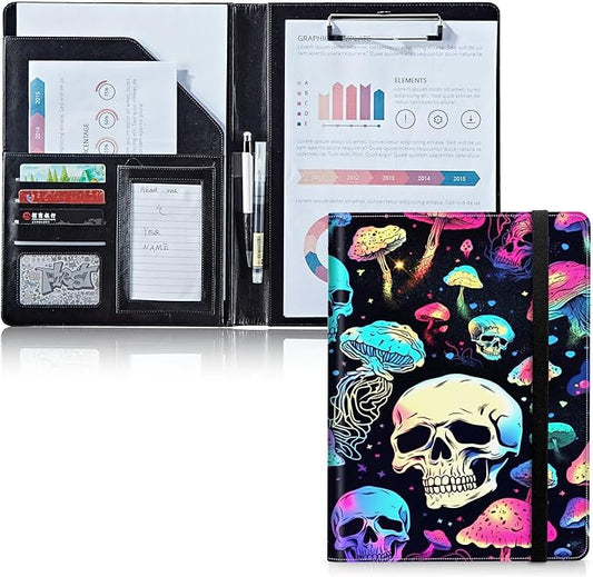 Padfolio Folder with Clipboard,Portfolios Organizer Clipboards with Storage Clipboard Writing Pad PU Leather Conference Document Organizer with Business Card Holder,Mushroom Skull