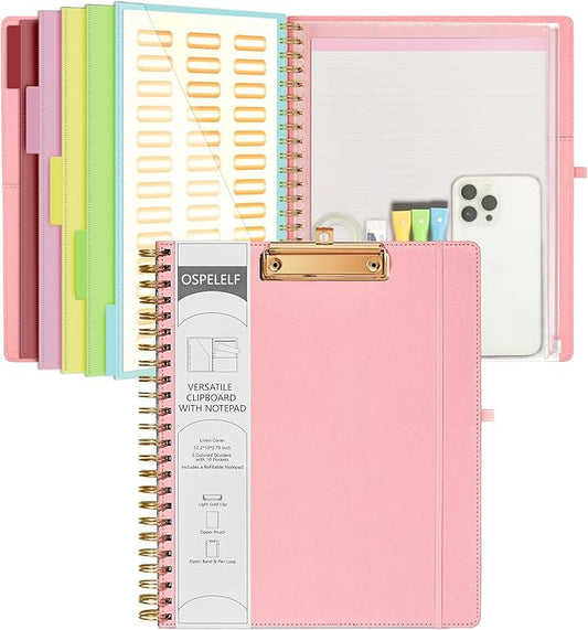 Ospelelf Pink Foldable Spiral Clipboard Folio with Storage Zipper Pouch, 5 Plastic Folders with 10 Pockets,Refillable Lined Notepad (11" x 8.5"), Hardcover Project Organizer with 39 Stickers