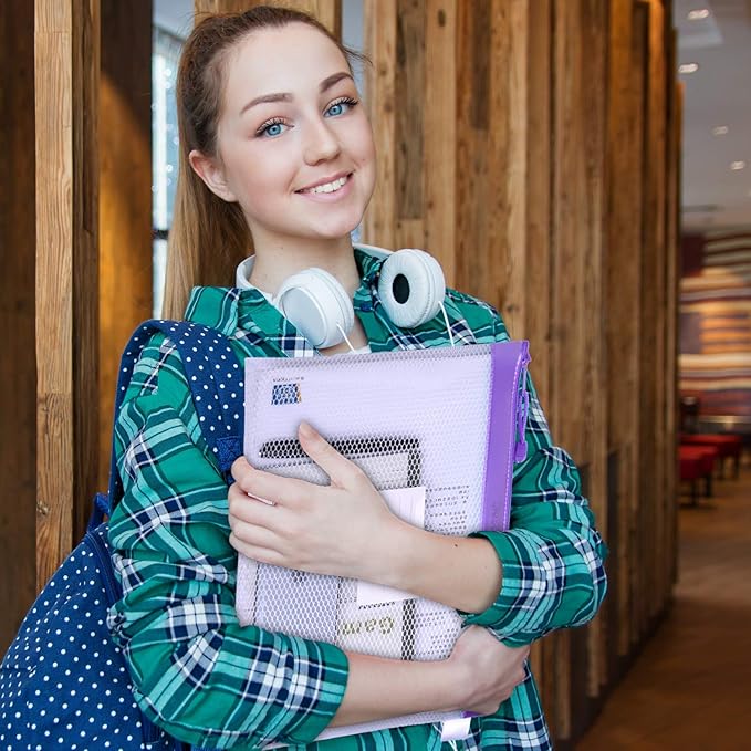 Zipper Pouch, Wisdompro 4 Packs Durable Letter Size Waterproof Mesh File Bag, Document Organizer - Purple