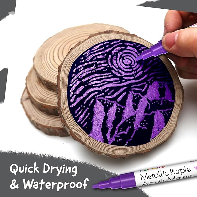 5 Metallic Acrylic Purple Paint Pen - Extra Fine Tip, Thin & Jumbo (1mm, 3mm, 6mm, 10mm, 15mm) - Markers for Fabric, Metal, Plastic, Canvas, Wood, Rock Painting, Glass, Purple Permanent Marker