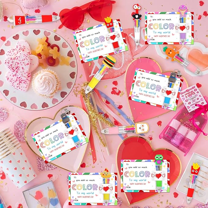 30 Set Cute Multicolor Pens in One 4-in-1 Fun Pens Bulk with 30 Valentines Day Cards for Valentine's Day Party Student Colleagues Greeting Exchange Gift Office School