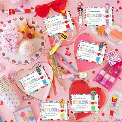30 Set Cute Multicolor Pens in One 4-in-1 Fun Pens Bulk with 30 Valentines Day Cards for Valentine's Day Party Student Colleagues Greeting Exchange Gift Office School