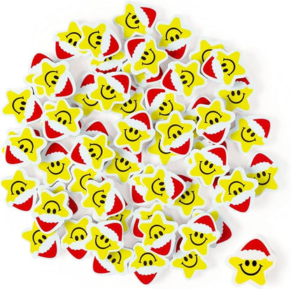 Christmas Winter Pencil Erasers - 60pcs Xmas Mini Erasers bulks Holiday Rubber Smiley Face Winter Christmas Party Favors School Rewards Cute Star Cartoon Rubber Eraser New Year holidays Gift