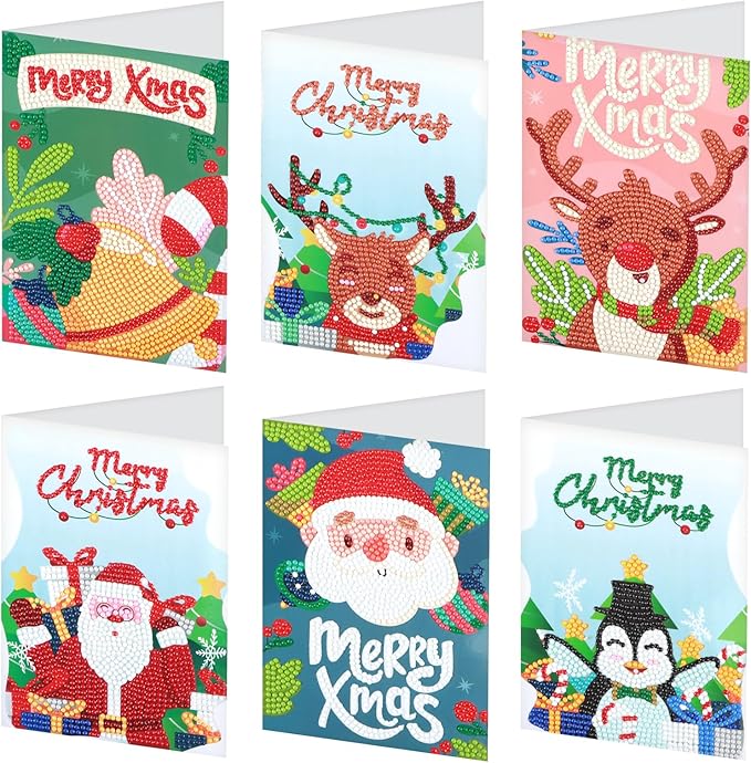 6 Pack 5D Diamond Art Painting Christmas Greeting Card Kits Paint with Diamonds Christmas Greeting Cards with Envelope Christmas DIY Crafts for Holiday, Friends and Family Creative Gift