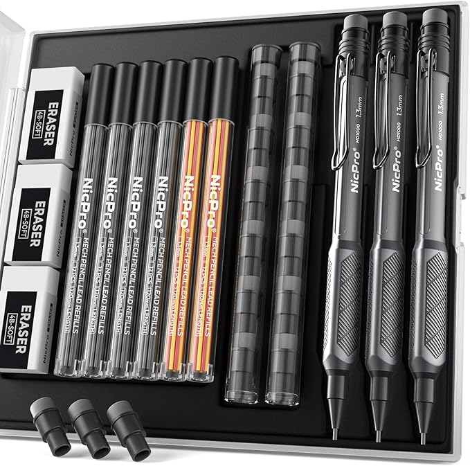 Nicpro 3 PCS 1.3 mm Mechanical Pencil Set with 72 PCS Lead Refill,3 Erasers-HD1000 Carpenter Pencils, Weatherproof Metal Heavy Duty Construction Pencil for Outdoor Marking Drafting Drawing Woodworking