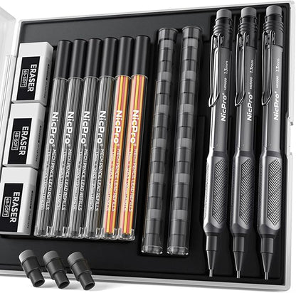 Nicpro 3 PCS 1.3 mm Mechanical Pencil Set with 72 PCS Lead Refill,3 Erasers-HD1000 Carpenter Pencils, Weatherproof Metal Heavy Duty Construction Pencil for Outdoor Marking Drafting Drawing Woodworking