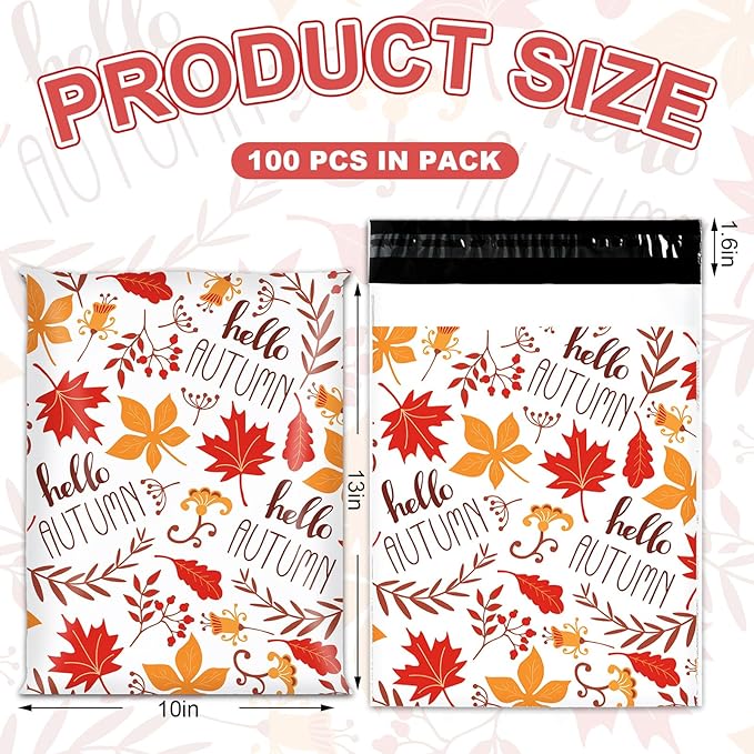 100 Pcs Fall Poly Mailers 10 x 13 Inch Hello Autumn Maple Leaves Mailing Bags Thanksgiving Orange Self-Sealing Plastic Packaging Envelopes Bags Shipping Bags for Small Business Clothing