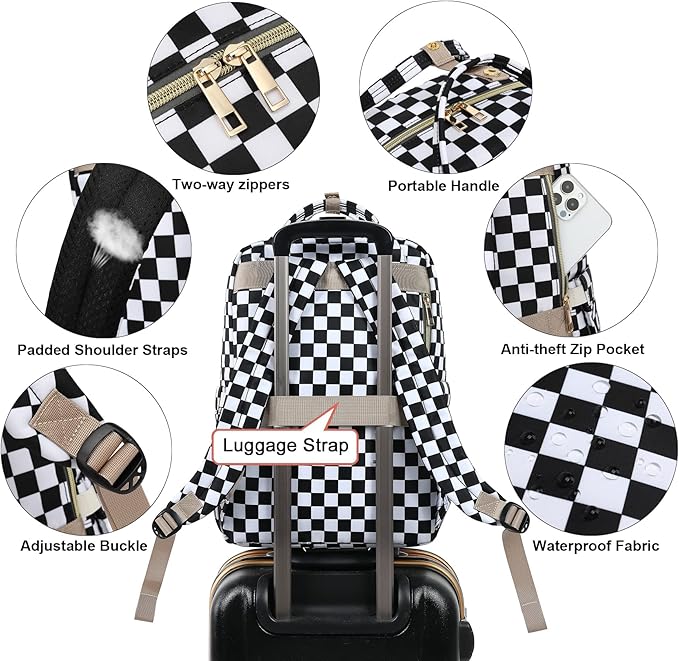 Checkered Laptop Backpack College Bookbag School Backpack for Women Girls, Travel Backpack 15.6 Inch Computer Backpacks