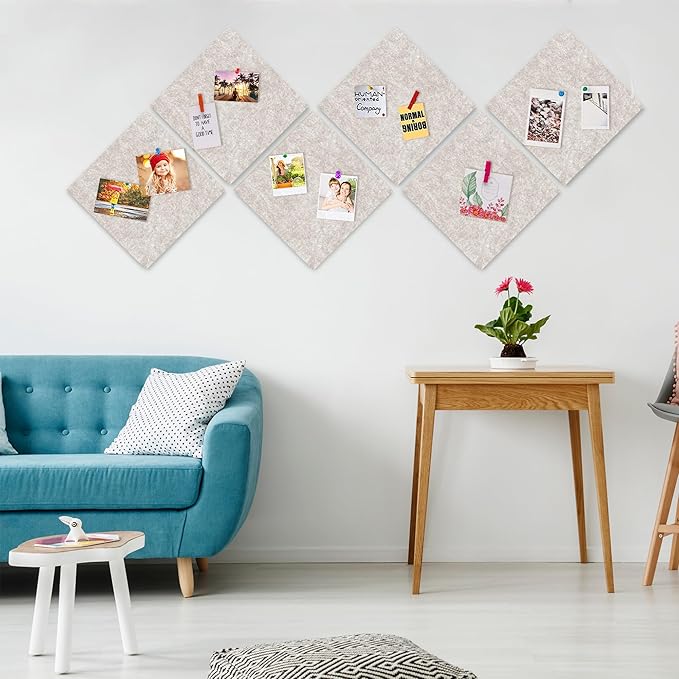 AKTOP Cork Bulletin Board 12x12, 1/2" Thick Felt Cork Board Tiles 6 Pack, Small Square Pin Board for Wall, Self Adhesive Corkboards with 60 Push Pin Wood Clips for School, Home & Office, Latte