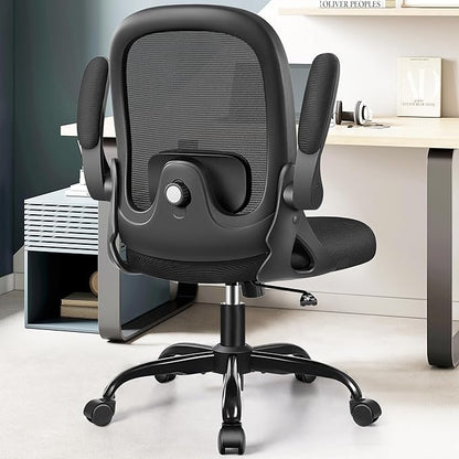 Office Chair Ergonomic Desk Chair with Adjustable 3D Lumbar Support and Height, Comfy Mesh Computer Chair with Flip-up Armrests, Swivel Rolling Task Chair with Wheels for Home Office (Black)