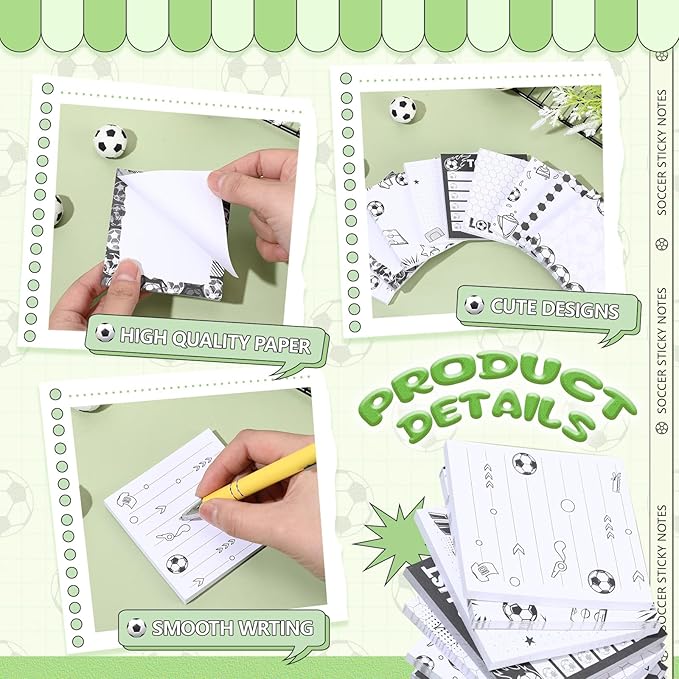 Thenshop 9 Pads Sport Sticky Notes Ball Self Stick Notepads 3x3 Inches Notes Cute Adhesive Memo Pad Gifts for Office Sports Birthday Party Favors(Soccer)