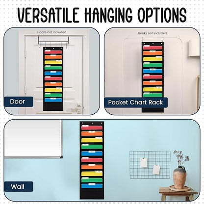 10 Pocket File Pocket Chart, Black, 14" Wide x 47" Tall - Versatile Wall Hanging File Folder Organizer for Classroom, Office, Home, and More - Wall Folder Organizer - 10 Pockets