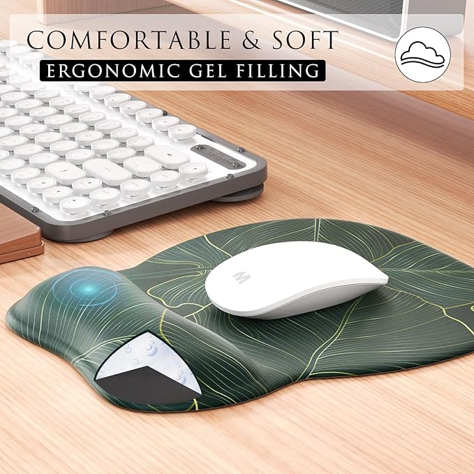 MROCO Ergonomic Mouse Pad with Gel Wrist Rest, Comfortable Mousepad with Smooth Wrist Support Surface and Non-Slip PU Base for Pain Relief, Computer, Laptop, Office & Home, 9.4 x 8.1 in, Green Leaves