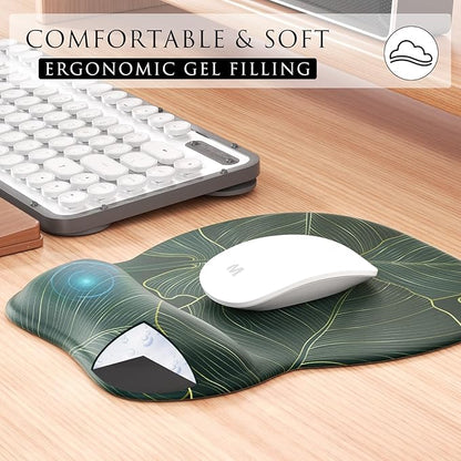 MROCO Ergonomic Mouse Pad with Gel Wrist Rest, Comfortable Mousepad with Smooth Wrist Support Surface and Non-Slip PU Base for Pain Relief, Computer, Laptop, Office & Home, 9.4 x 8.1 in, Green Leaves