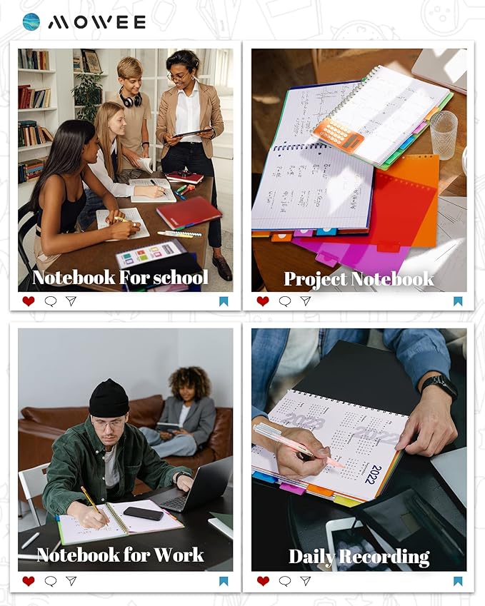 Spiral Notebook - 5 Subject Notebook, College Ruled Notebook With Dividers Pocket, Tabs Label (8.5x11Black)