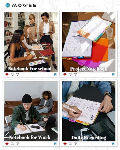 Spiral Notebook - 5 Subject Notebook, College Ruled Notebook With Dividers Pocket, Tabs Label (5PackBlack)