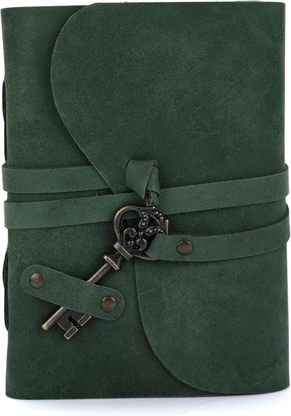Fausta Vintage Handcrafted Leather Journal with Key for Writing, 240 Pages 7 x 5 inches, Deckled Cotton Paper Notebook/Diary for Men and Women 150 GSM Drawing/Sketchbook, Hunter Green