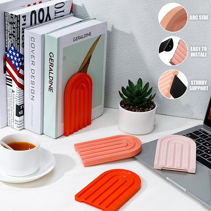 Harloon 4 Pieces Boho Arch Wood Bookends Rainbow Arch Back to School Gift Ideas Non Skid Bookend Decorative Wooden Book Stand Book Stoppers for Books Movies CDs(Vintage Color)