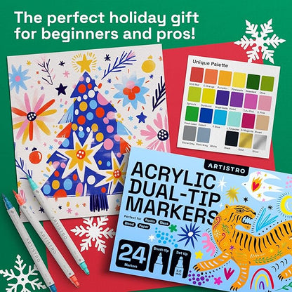 ARTISTRO 24 Acrylic Paint Markers for Fabric, Rocks, Paper, Wood, Canvas, Glass, DIY - Safe for Kids Dual Tip Acrylic Paint Pens (Dual Tip Dot + Brush, 24)