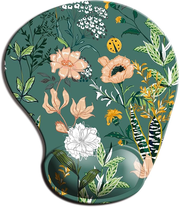 Dooke Ergonomic Mouse Pad with Wrist Support, Cute Mouse Pads with Non-Slip PU Base for Home Office Working Studying Easy Typing & Pain Relief Dark Green Floral