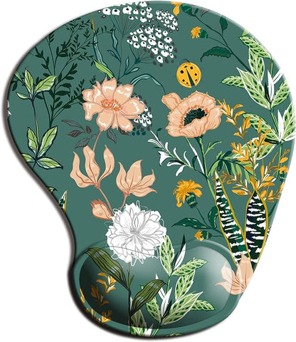 Dooke Ergonomic Mouse Pad with Wrist Support, Cute Mouse Pads with Non-Slip PU Base for Home Office Working Studying Easy Typing & Pain Relief Dark Green Floral