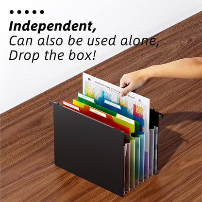 Fireproof File Box with Hanging File Folders, 7x1.2" Accordion Pockets, Hanging File Organizer for Letter Size, Retractable Hook, 1/3-Cut Tab (Folders+Box-12.6''*7.8''*9.8'')