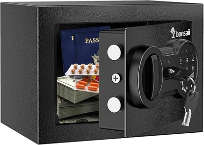 Bonsaii Safe Box with Electronic Keypad, Steel Security Lock Box with Key, 0.23 Cubic Feet, 9.06" W x 6.69" D x 6.69" H, Small Hidden Safe for Cash Jewelry