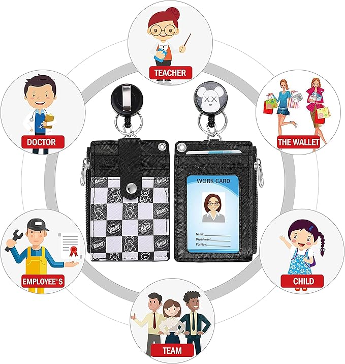 Cute ID Badge Holder Retractable Lanyard Reel Clip with Heavy Duty Carabiner,5Card Slots in 2 Sided with Key Ring and Zipper for Women Students Teens Girls Office Staff (Black White Bear)