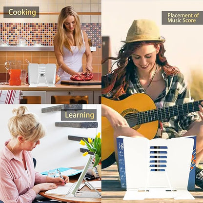 Metal Book Stand - Adjustable Book Holder for Reading (Full White)