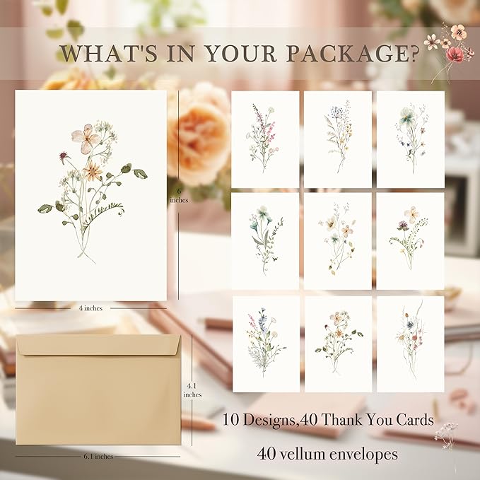 Blank Cards,Blank Greeting Cards 4x6,40Pack -Elegant Floral Design Blank Greeting Cards,Note Cards with Matching Peel-and-Seal Rustic Envelopes