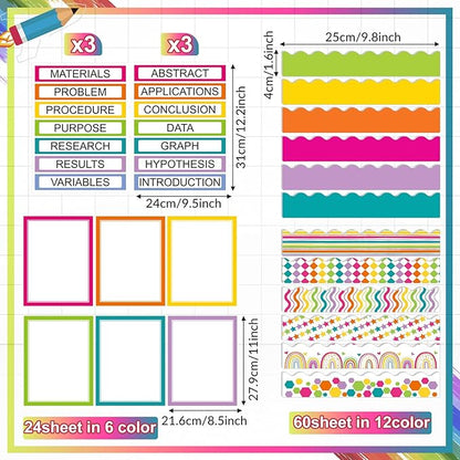 90 Pcs Science Fair Board Supplies 60 Trim Scalloped Bulletin Board Borders 24 Presentation Board Subtitles 6 Science Fair Titles for Classroom Display Boards(Colorful)