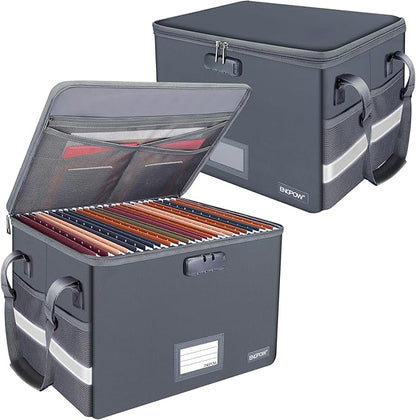 ENGPOW File Box with Lock,Fireproof Document Box with Pockets,Collapsible File Storage Organizer Box Filing Box with Handle,Portable Home Office Safe Box for Hanging Letter/Legal Folder,2 Pack(Gray)