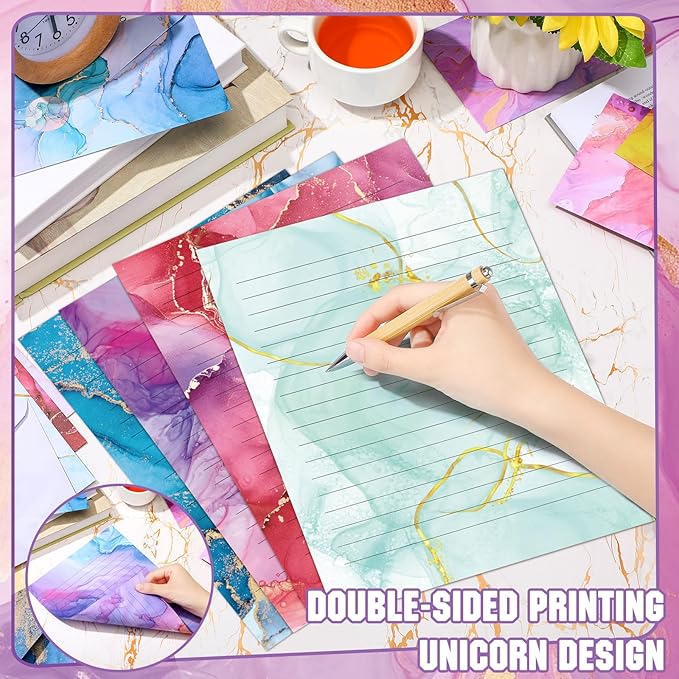 TaoBary 160 Packs Stationery Paper Set (50 Double Sided Stationery Writing Papers 50 Matching Envelopes) 60 Round Dot Sticker, 10 Design(Marble,8.5 x 11 Inch)