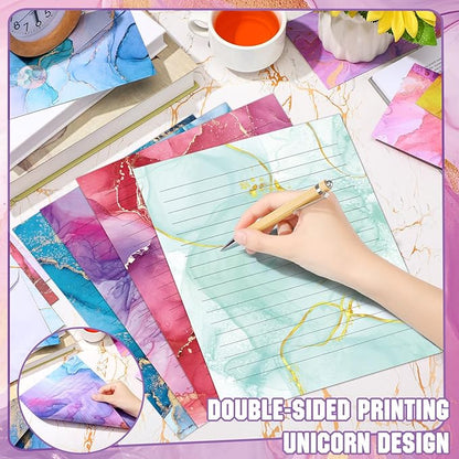 TaoBary 160 Packs Stationery Paper Set (50 Double Sided Stationery Writing Papers 50 Matching Envelopes) 60 Round Dot Sticker, 10 Design(Marble,8.5 x 11 Inch)