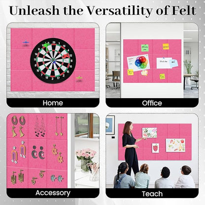 Felt Bulletin Board Felt Wall Tiles 12 Pack- 47"x35" Large Cork Board/Cork Tiles Alternative Safe Removable Felt Boards for Walls Felt Board for Office Felt Pin Board Pink