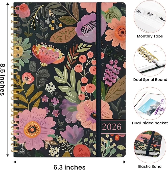 2026 Planner, Weekly and Monthly Planner for Women, January 2026 to December 2026, Pretty Hardcover 2026 Calendar Planner Book with Tabs, Inner Pocket, Spiral Bound, Perfect Office Home School Supplies - 6.3" x 8.5", Nocturne Floral