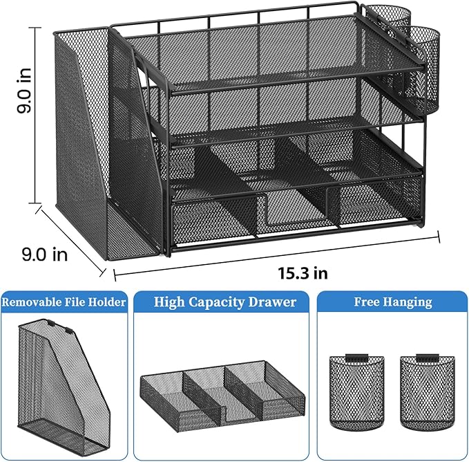 Desk Organizers and Accessories, Desk Accessories & Workspace Organizers for Office Supplies, File Organizer Desk Drawer Organizer with 2 Pen Holders, 4 Tier Paper Organizer for Desk(Black)