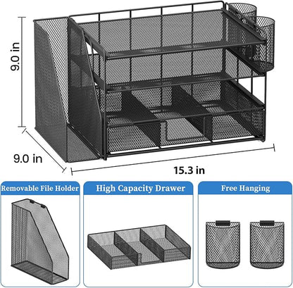 Desk Organizers and Accessories, Desk Accessories & Workspace Organizers for Office Supplies, File Organizer Desk Drawer Organizer with 2 Pen Holders, 4 Tier Paper Organizer for Desk(Black)