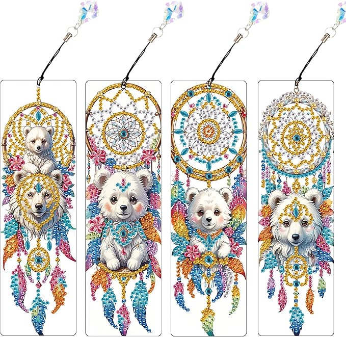 4 Pcs 5D Diamond Art Bookmarks for Book Lovers, Cute Animal Dreamcatcher Rhinestone PU Leather Diamond Crafts Bookmarks for Adults, Tassel Beaded Book Mark for Graduation Birthday Reading Present
