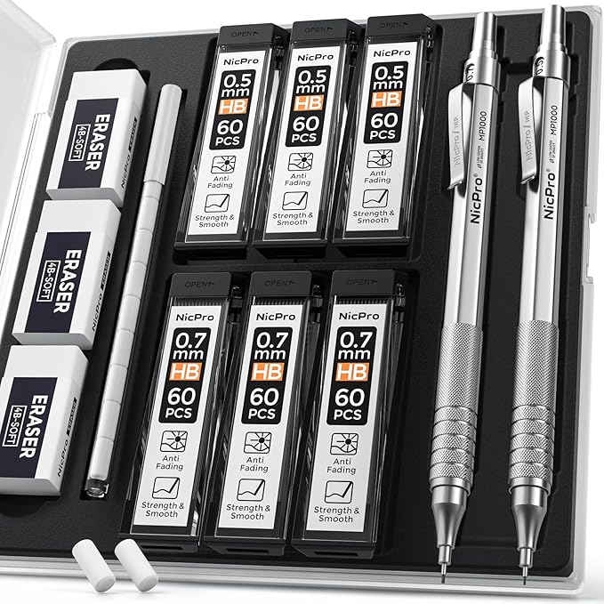 Nicpro 2 PCS Mechanical Pencil 0.5mm & 0.7 mm with Case, MP1000 Metal Artist Pencil Set with 6 Tubes HB Lead Refills, 3 Erasers, 9 Eraser Refills For Art Writing Drafting, Drawing, Sketch, Silver