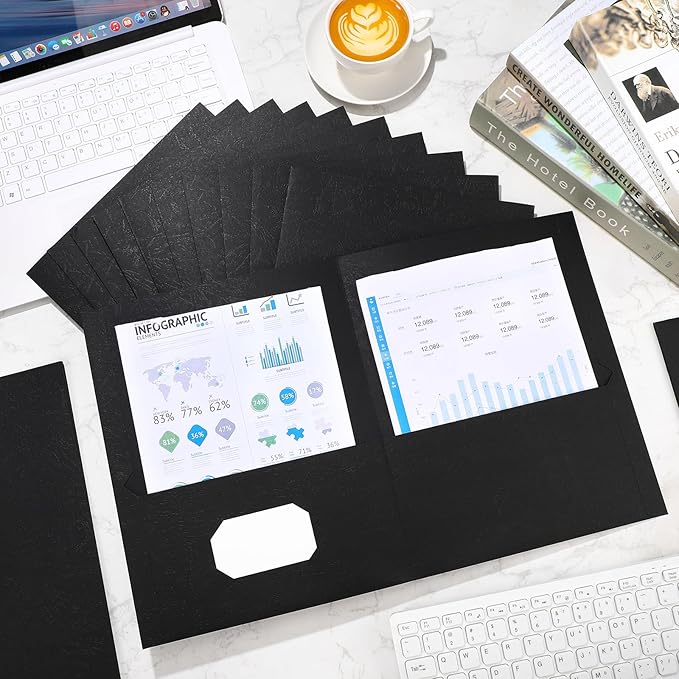 Harloon 75 Pack Two Pocket Portfolio Folders Bulk, 8.5 x 11 Inches Textured Paper with Business Card Slot Letter Size File Folders for Office School Classroom (Black)