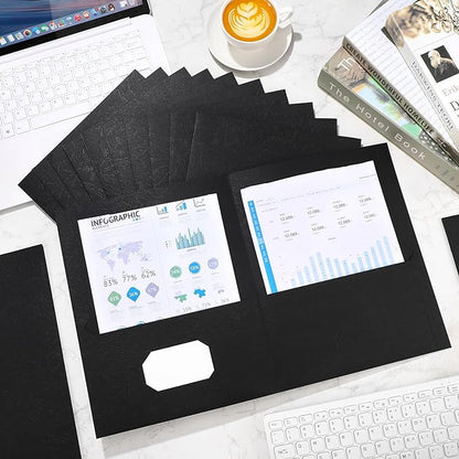 Harloon 75 Pack Two Pocket Portfolio Folders Bulk, 8.5 x 11 Inches Textured Paper with Business Card Slot Letter Size File Folders for Office School Classroom (Black)