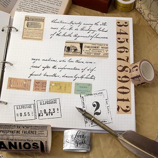 WAPETASHI Vintage Washi Tape Set 157ft Long - Antique Japanese Masking Tapes, Decorative for Scrapbooking Supplies, Bullet Journals, Planners, DIY Crafts, Gift Wrapping - 8 Different Design