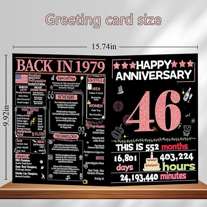Joycard 46th Anniversary Card for Women, Wedding Card for Wife, Sweet Marriage Decorations Gifts for Couple, Perfect for Her on Anniversary Day, Back in 1979