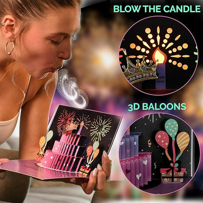 3D Pop Up Happy Birthday Cards for Men – LED Fireworks & Music with Blow The Candle, Gold Crown, 3D Balloons, Blue Design - Happy Birthday Card for Him - Dad, Husband, Boys & Son (8.27" x 5.27")